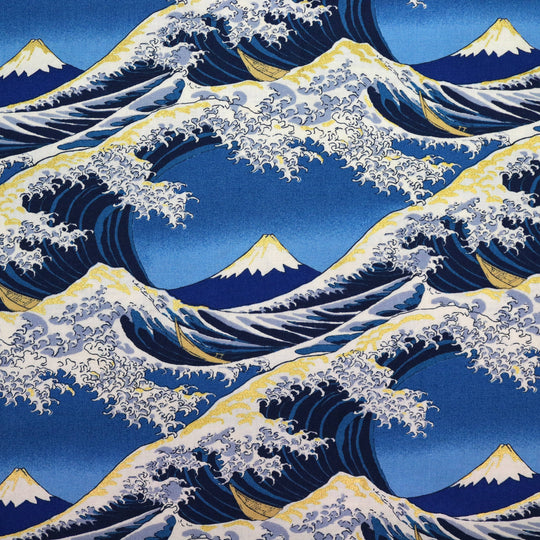 Japanischer Stoff mit Hokusai Welle und Mt.Fuji in Blau