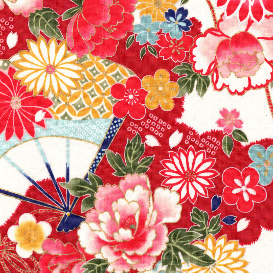 Japanischer Stoff mit traditionellen Blumen Muster in Rot